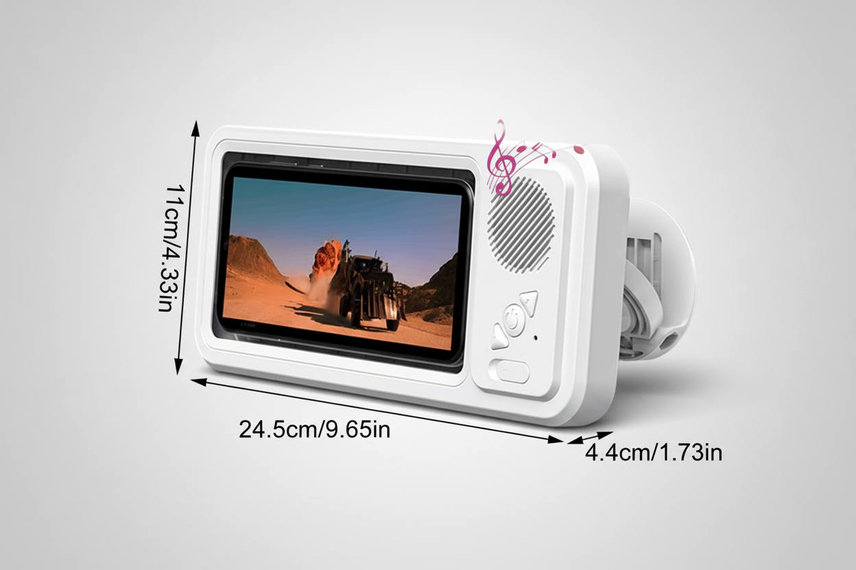 Baby monitor with screen displaying a desert scene, showing dimensions on a white background