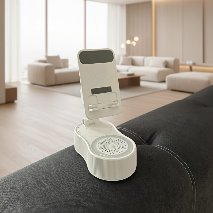 White electronic device on a gray sofa with floral wallpaper in the background