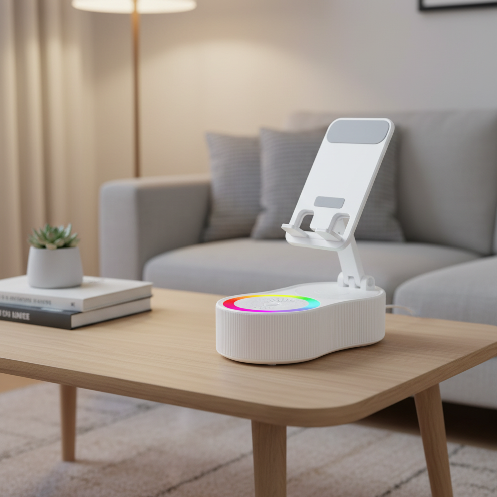 White electronic device with a colorful light on a white background