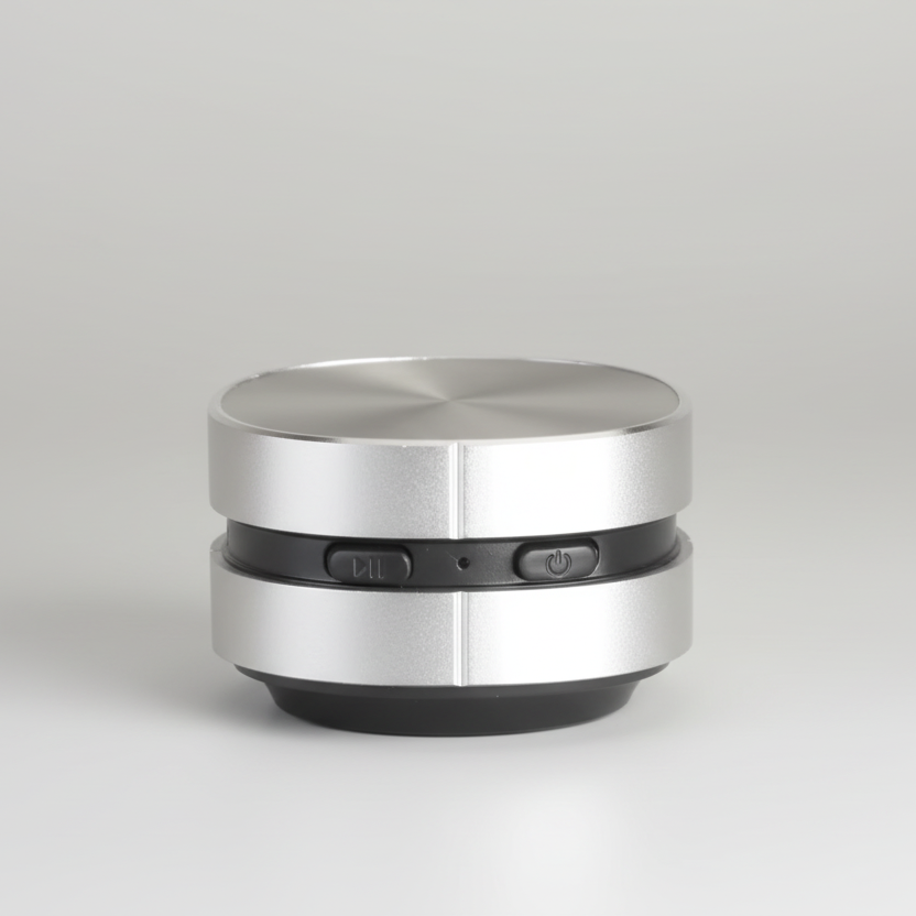 Silver portable speaker on a white background