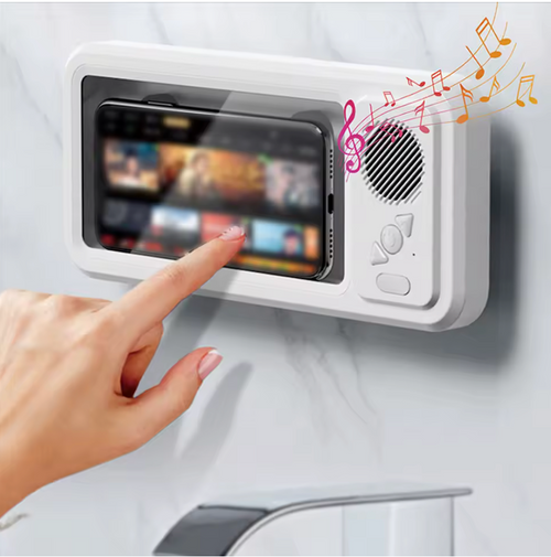 Hand pressing a modern doorbell panel with digital display and music notes.