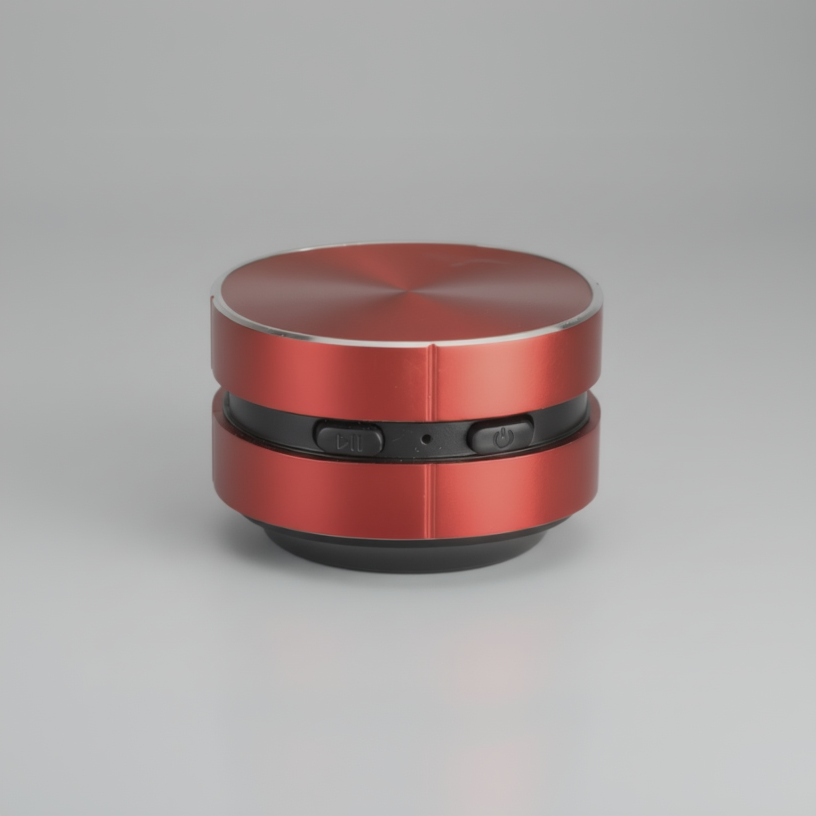 Red portable speaker with black control buttons on a white background