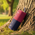 Pink and blue portable speaker on a white background