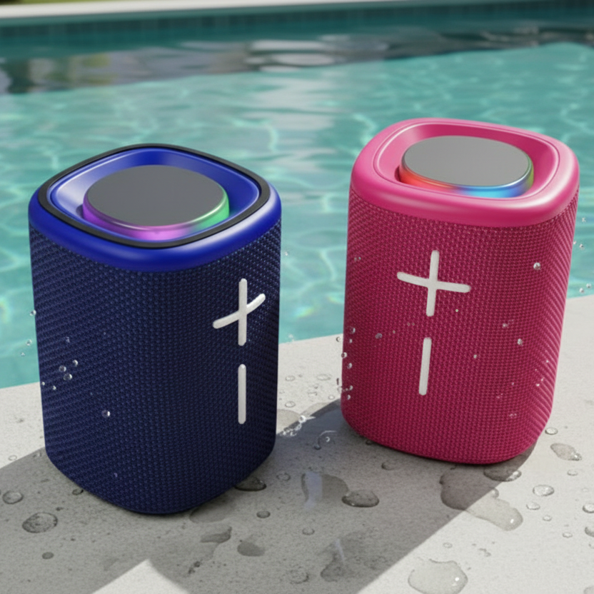 Two portable speakers, one blue and one pink, with a visible brand logo on a white background.