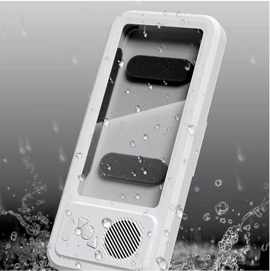 Waterproof phone case with water droplets and splashes on a gray background